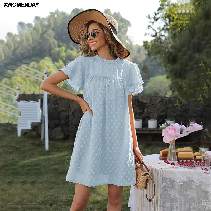 

Summer Chiffon Dress Women Casual Loose Ruffle Short Sleeve Beach Sundress Elegant A-line Jacquard Mini Party Dresses 2022 New