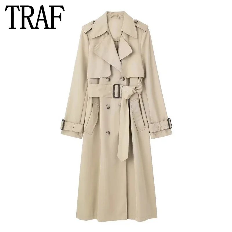 

TRAF 2023 Long Trench Coat Women Double Breasted Women's Fashion Windbreakers Long Sleeve Woman Trench Coat Autumn Outerwear