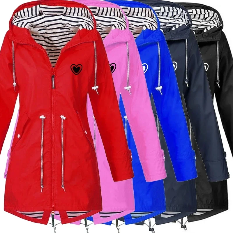 

Модная женская уличная Водонепроницаемая ветровка, длинная Осенняя Женская Повседневная Свободная куртка с принтом сердца для походов и альпинизма