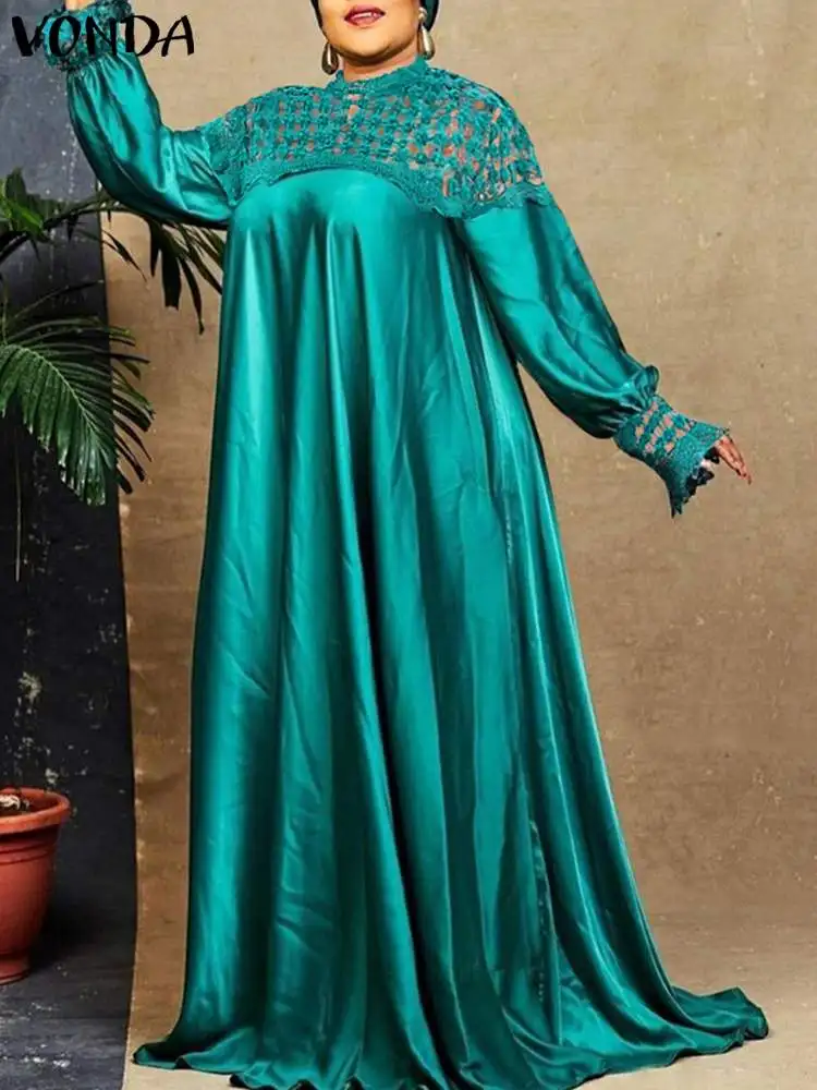 

Bohemian Lace Patchwork Dress VONDA 2022 Summer Sundress Women Long Sleeve Maxi Long Dress Casual Vestidos Femme