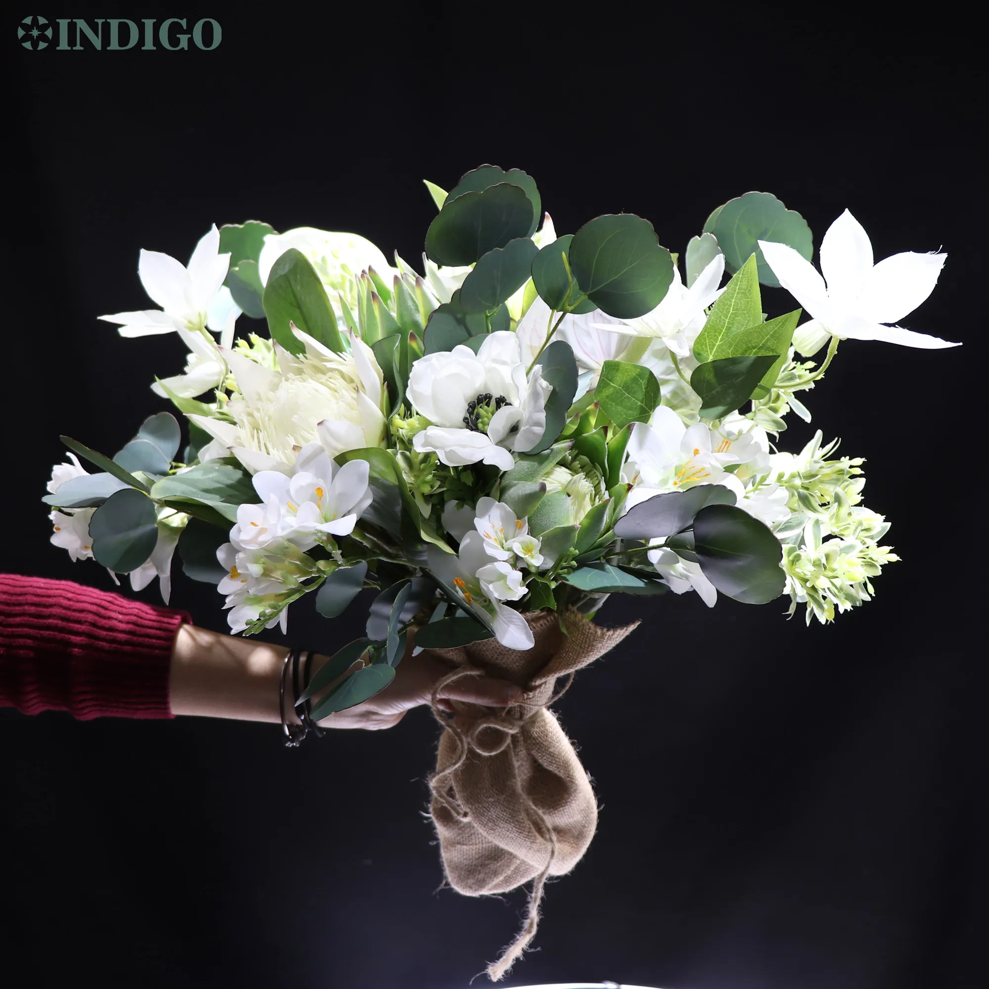 White Protea Common Freesia Eucalyptus Handmade Bouquet Artificial Flower Wedding Bride Holding Flower Christmas Event - INDIGO