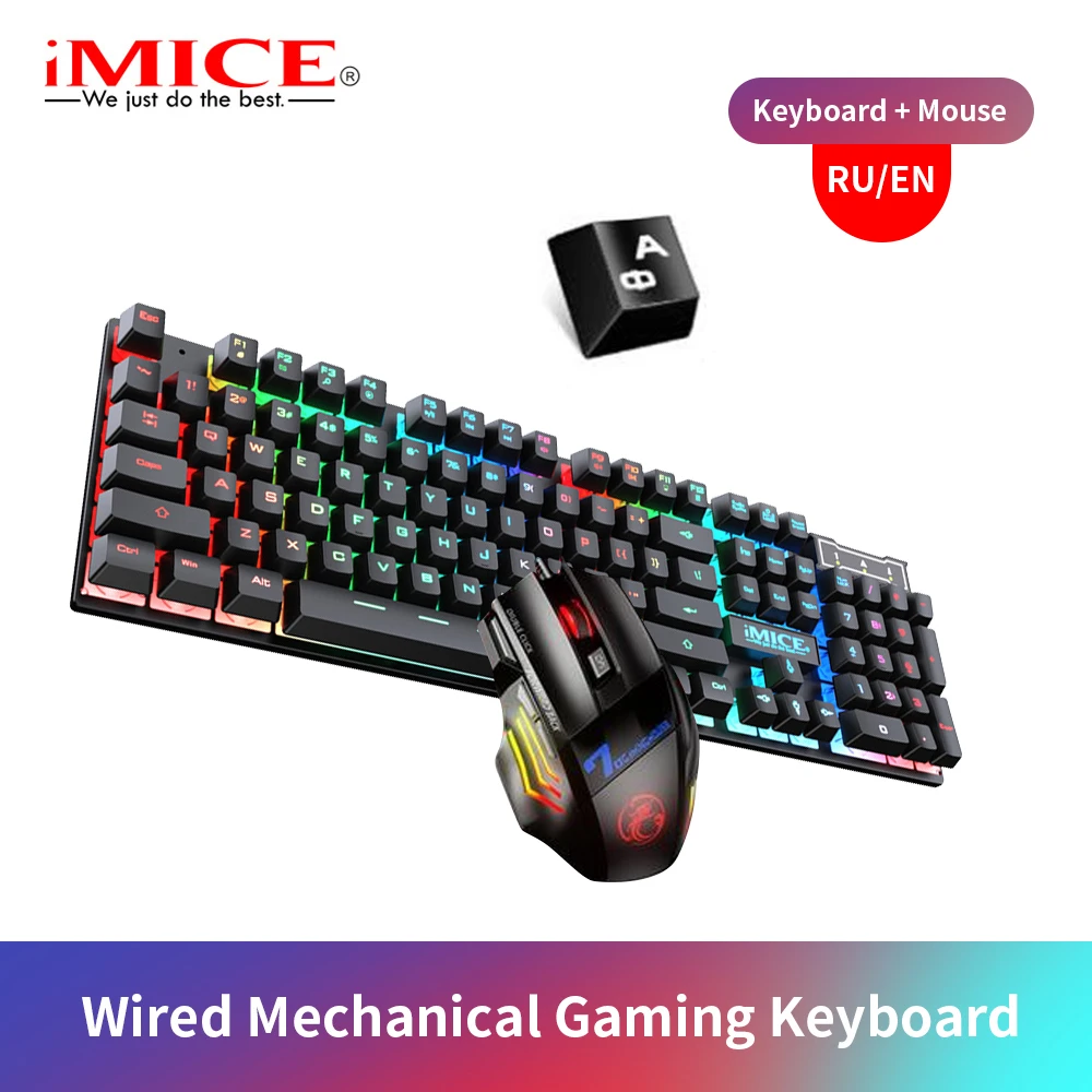 

2022 Проводная Механическая игровая клавиатура и мышь, клавиатуры с RGB светодиодной подсветкой, резиновые клавиатуры EN/русские для геймеров, ...