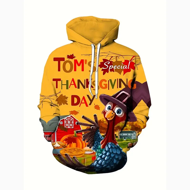 Thanksgiving Day Outfits Hoodie Men's Clothing Family Gathering Pullover Sweatshirt 3D Printed Cartoon Turkey Pattern Hoodies