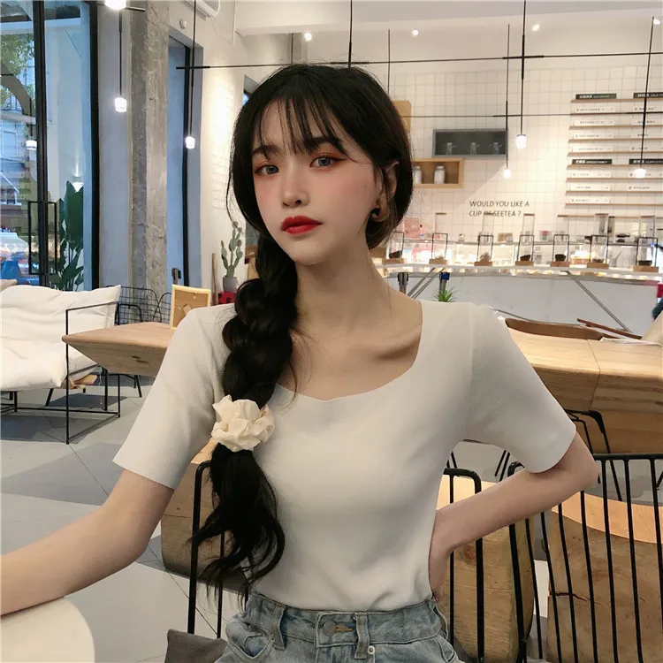 

Summer long sleeved new square neck solid color T-shirt gray