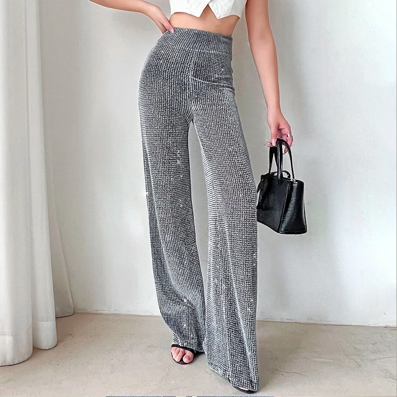 Women Pants Silver Loose High Waist Wide Leg Pants Women's Shiny Silk Fashion All-match Straight Summer Casual Knitted Trousers