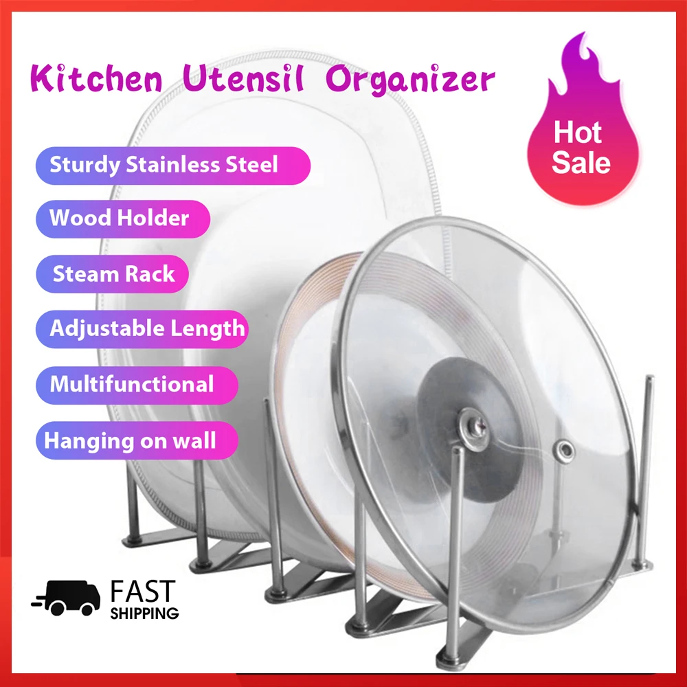 

Pot Lid Rack Kitchen Organizer Extended Stainless Steel Spoon Plate Holder Shelf Cooking Dish Tray Stand Accessories Storage