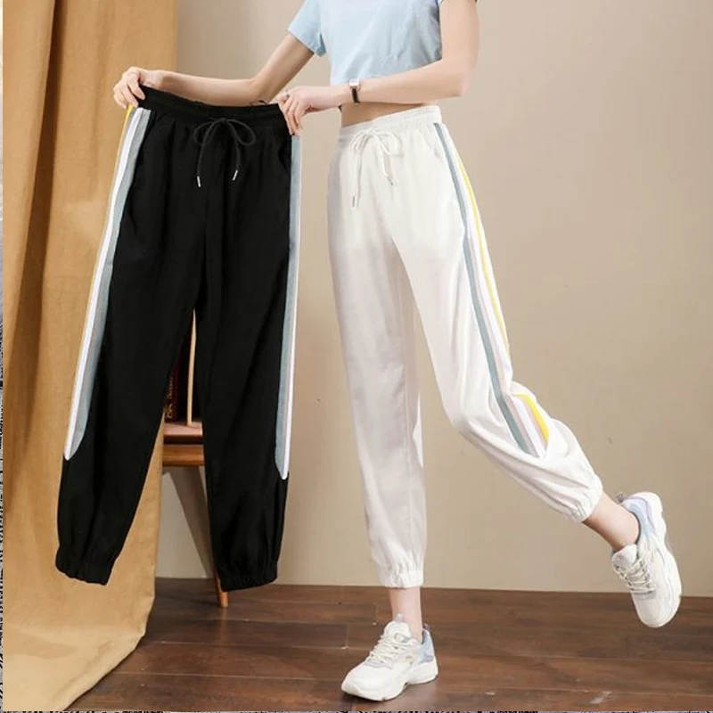 Sports pants women's summer thin ice silk quick drying pants casual cropped pants women's loose oversized hooded Harlan pants