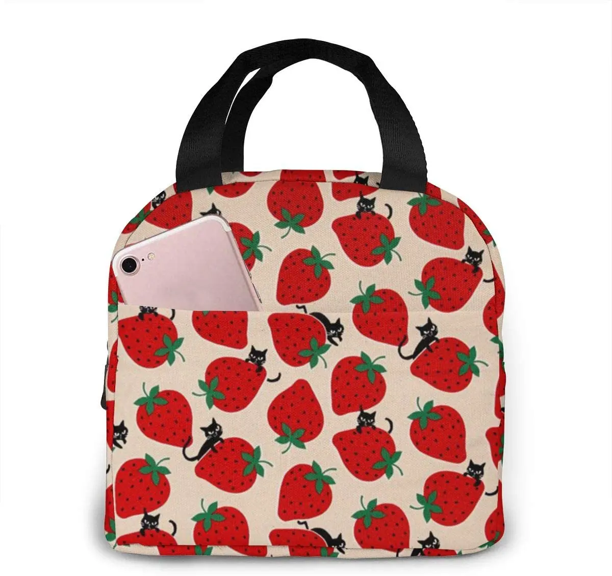 Black Cat On Red Strawberry Lunch Bag For Women Girls Kids Insulated Picnic Pouch Thermal Bento Prep Cute Bag Lunch Box Camping