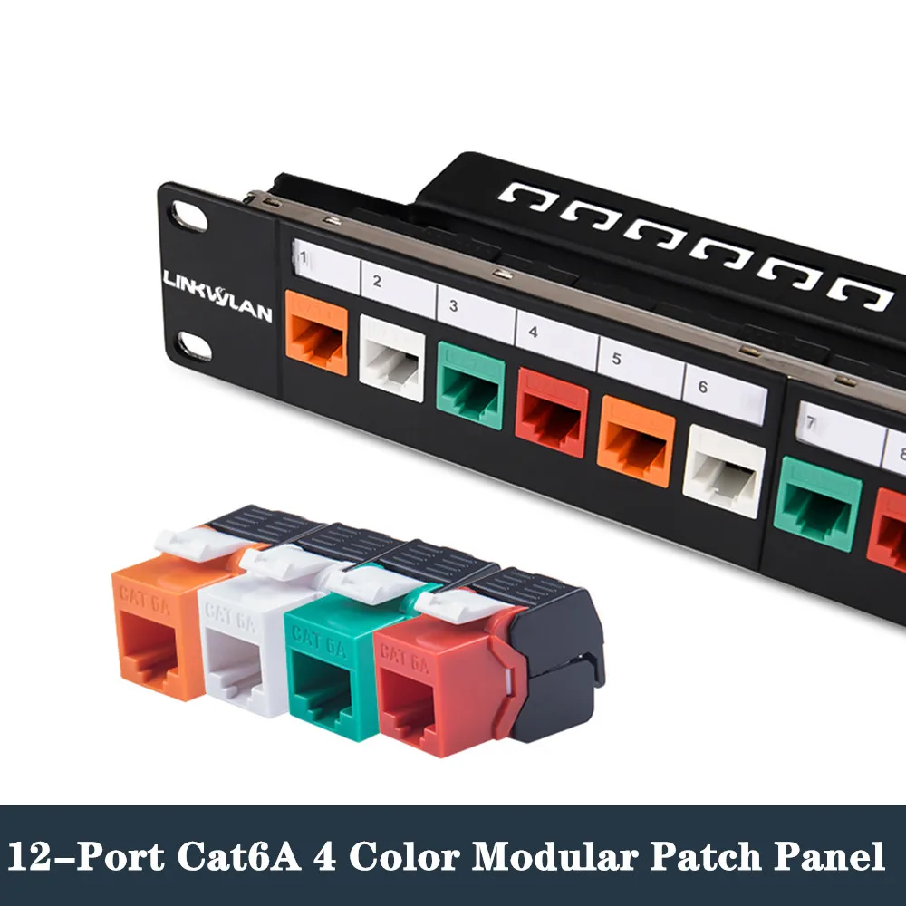 

CAT6A Patch Panel 12 Port 10G RJ45 Network Lan Cable 10in 1U Cabinet Rack Adapter Keystone Jack Modular Distribution Frame