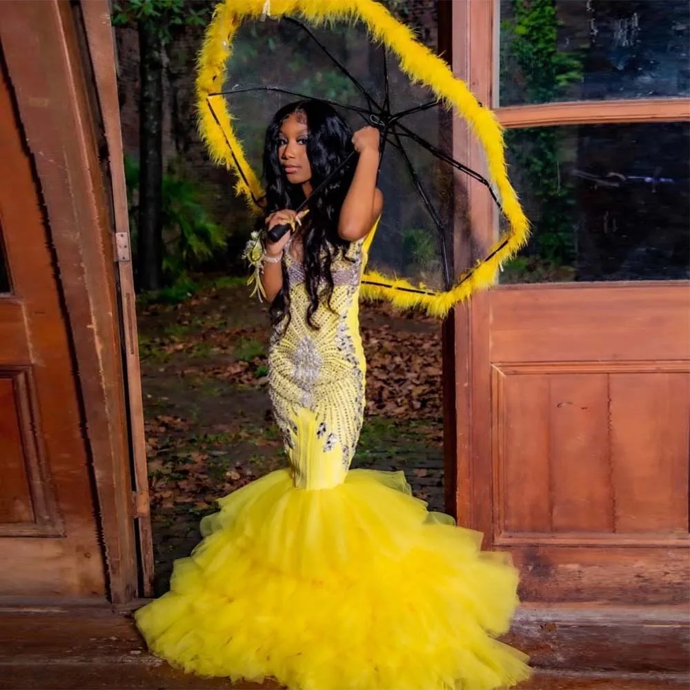

Yellow Luxury Mermaid Prom Dresses Crystals Sparkly Tulle Ruffles Black Girl Long Evening Party Gowns Custom Made Plus Size
