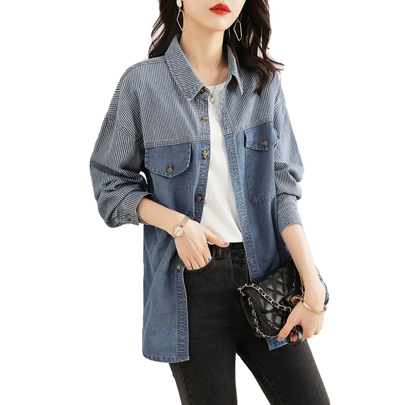 Женская джинсовая куртка в полоску элегантная Свободная Корейском стиле осень