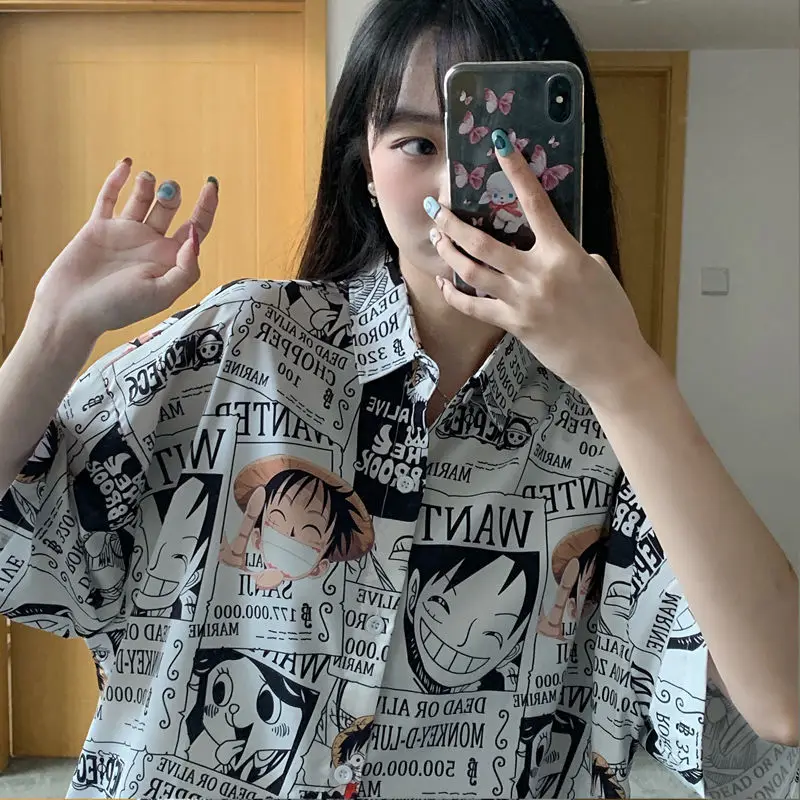 

Button Up Shirt Japanese Anime One Piece Luffy Manga Clothing Summer Blouse for Women Ladies Girl Harajuku Clothes Top