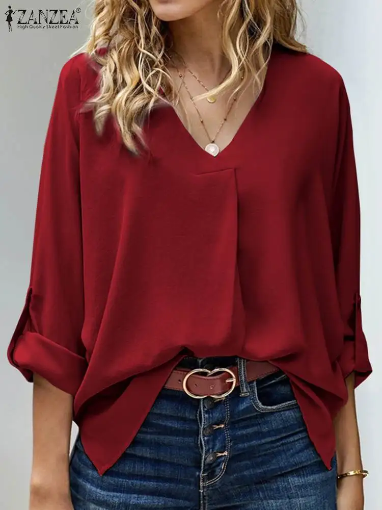 

Fashion Solid Tops Women Autumn Blouses ZANZEA 2022 Casual Long Sleeve Blusas Female V Neck Shirts Oversized Chemise Tunic