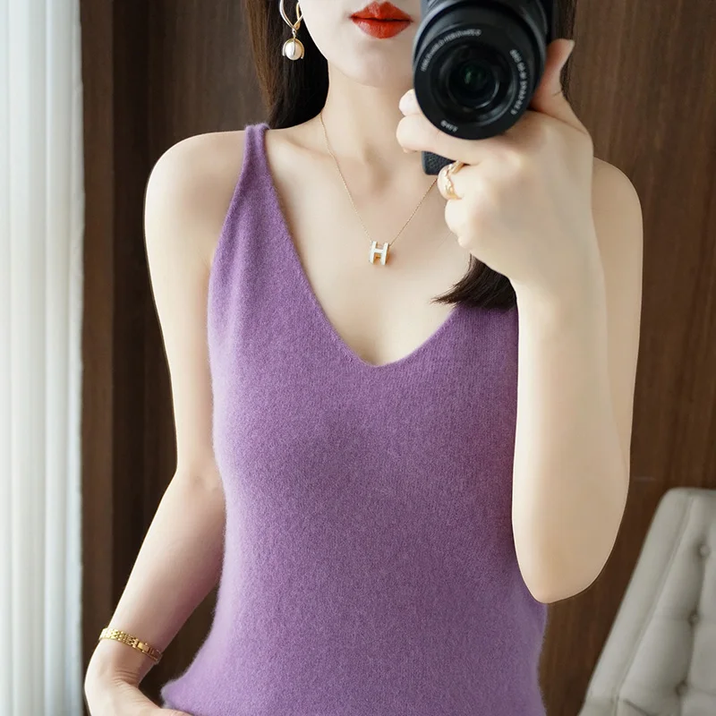 

2022 New V-neck Cashmere Sling Solid Color Cashmere Vest Sexy Knitted Sweater Women