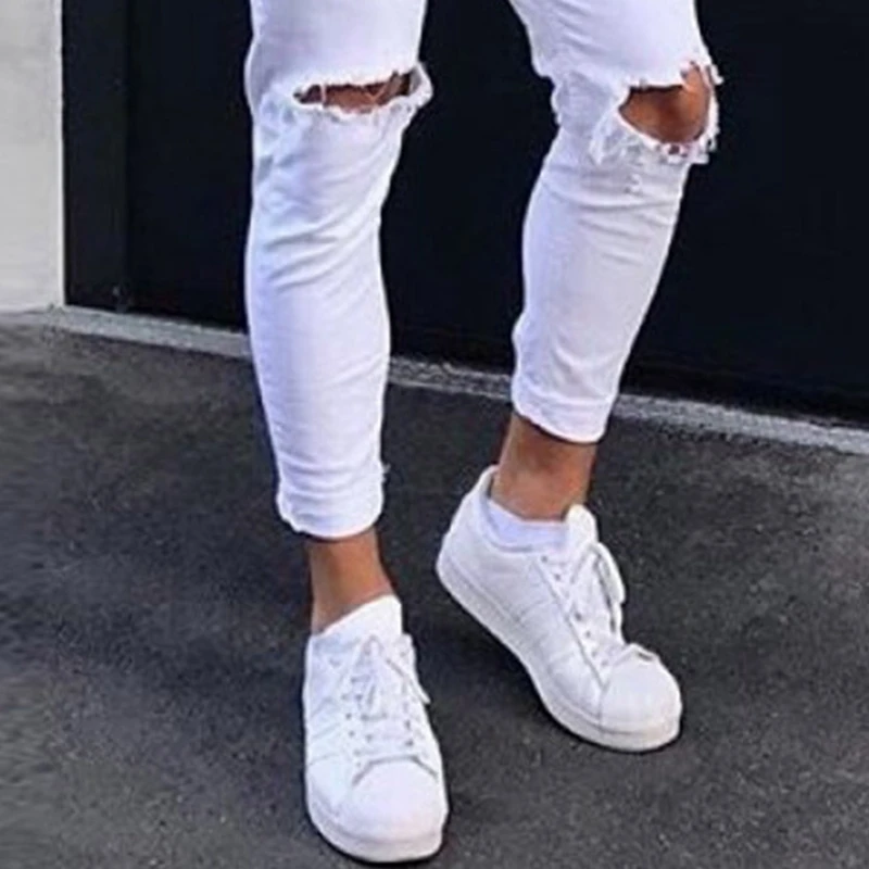 Men's Jeans Spring and Summer Fashion Solid Color Slim Ripped Jeans Men's Casual Button Mid-Waist Denim Pencil Pants Trousers