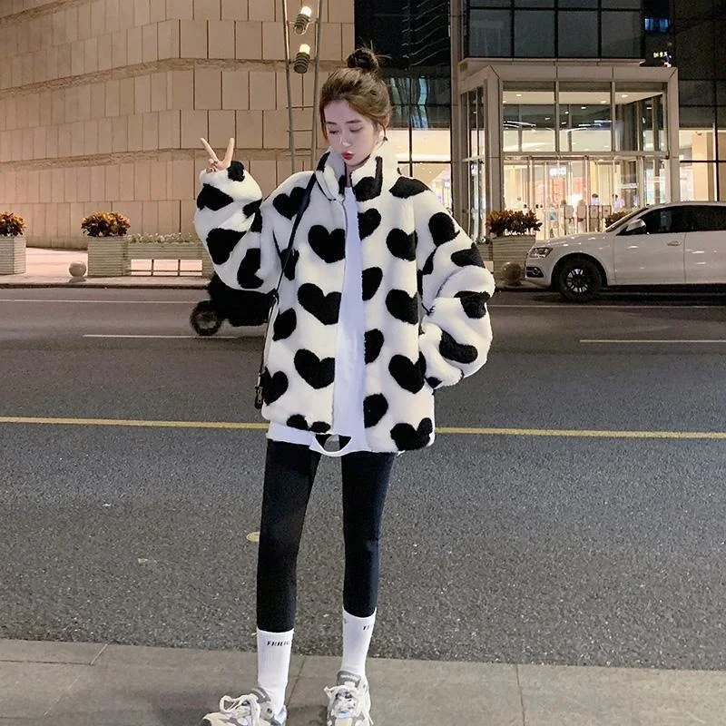 2022 Autumn And Winter New Fashion Thickened Lamb Woolen Coat Women's Love All-match Loose Imitation Fur Cotton Coat