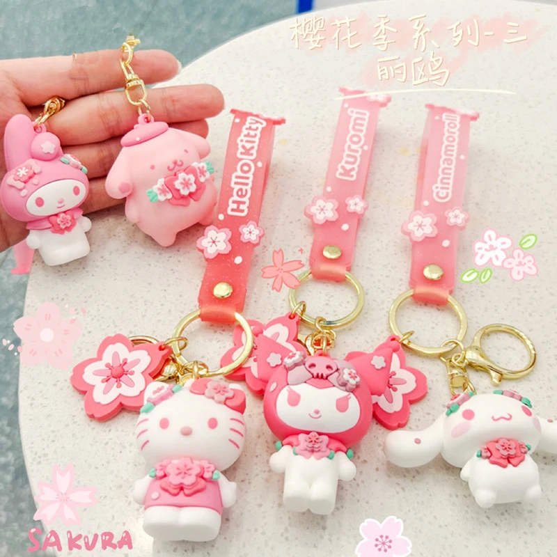 

Sanrio Action Figure Kuromi Melody Baby Cinnamoroll Fashion Pink Sakura Hello Kitty Keychain Bag Cars Key Pandant Toys Girl Gift