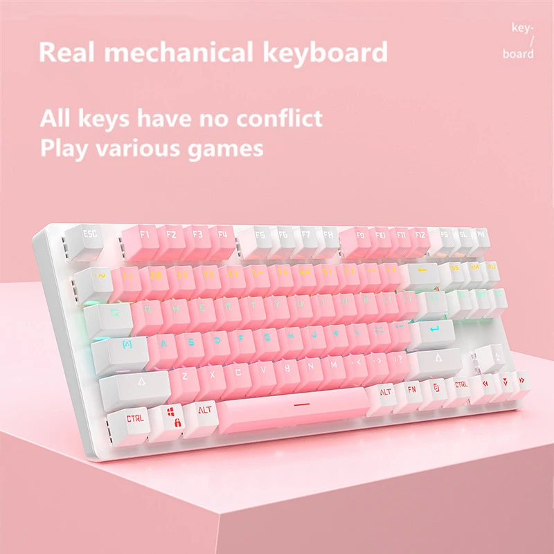 

Новинка 915, Проводная Механическая игровая клавиатура с голубыми осями, милый розовый компактный набор из 87 клавиш и мыши