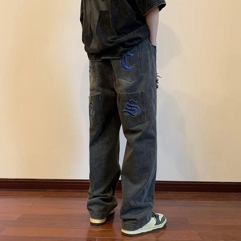 Hole embroidery drawstring jeans y2k men's loose street hip-hop mopping pants trend personality straight casual fashion trousers