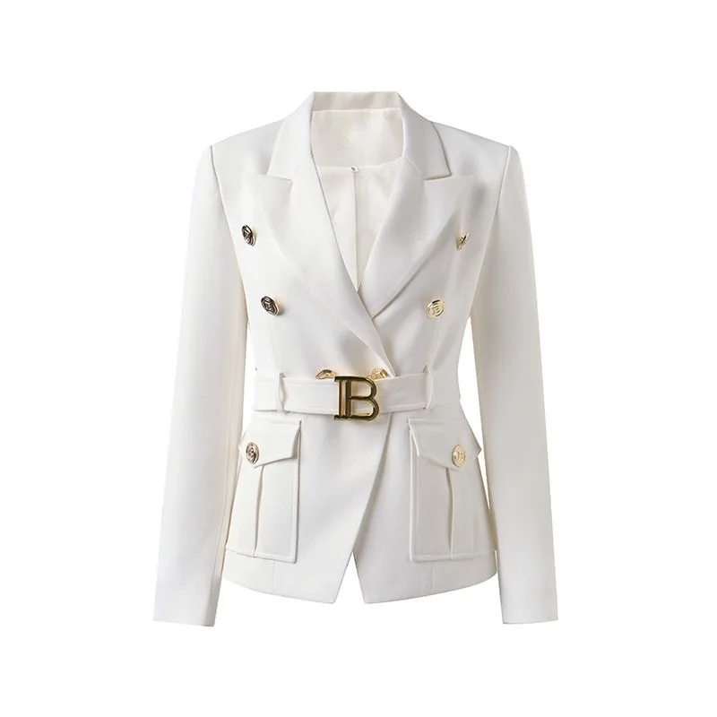 

2022 new high-end women's clothing with metal buckle black and white two-color pocket slim-fit small suit gas female jacket