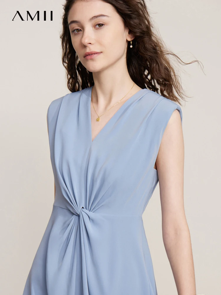 

AMII Minimalism Dress for Women 2023 Spring Dresses Office Lady New V-Neck Dress Shoulder Pad Slim Summer Dress Vestido 12371016