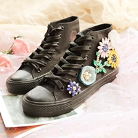 handmade all black canvas shoe heavy industry high top women canvas shoes lady retro rhinestone student casual shoes 35 44