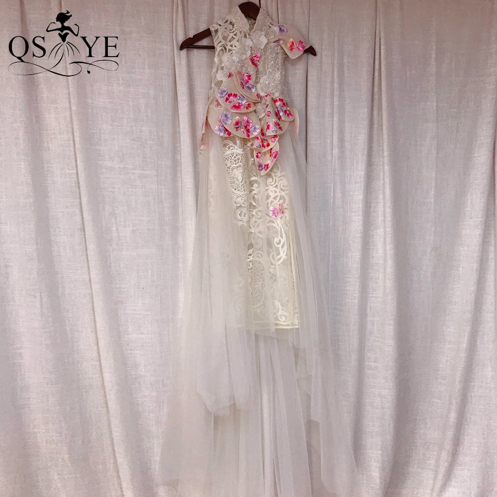 

Exquisite High-low Beige Flower Girl Dresses Embroidery Lace Princess Prom Bead 3D Flowers Tulle Child Kids Pageant Party Dress
