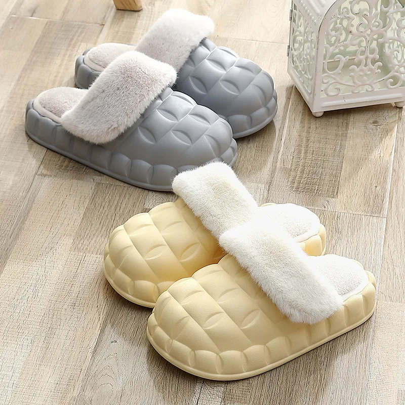 

Waterproof Warm Plush Winter Women Fur Slippers Household Slides Indoor Home Thick Sole Footwear Non-Slip Solid Couple Sandals