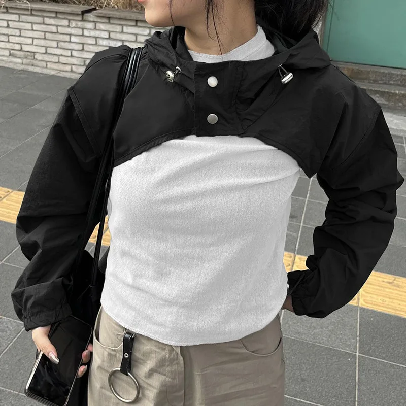 

Korean Style Two Button Stand Collar Crop Hooded Jackets Women's White Long Sleeve Casual Sweats Shirt Black Smock Tops