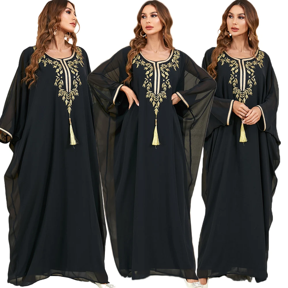 

Black Embroidery Abaya for 2023 Muslim Women Bat Sleeve Loose Dress Turkey Dubai Eid Mubarak Kaftan Islam Robe Jalabiya Clothing