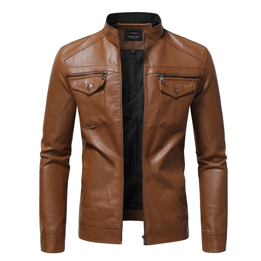 

Осень 2022, модные трендовые пальто, Мужская Новая Стильная приталенная мотоциклетная куртка с воротником-стойкой, мужская кожаная куртка из искусственной кожи