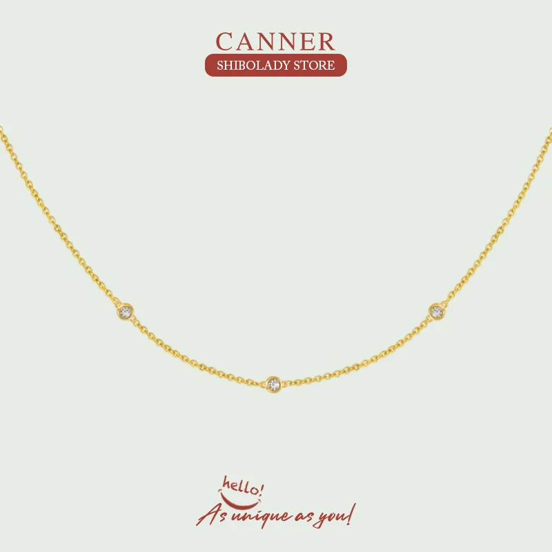 

CANNER Simple Inlaid Diamond Necklace For Women 925 Sterling Silver Jewelry Charming Pendant Chain 18K Choker Bijoux Collar