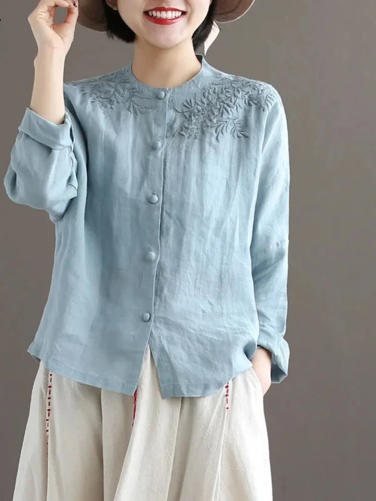 

White Red Spring Fall Women Tops Buttoned Cotton Linen Blouse Retro O-neck Embroidery Shirt Korean Casual Office Long-sleeve Top