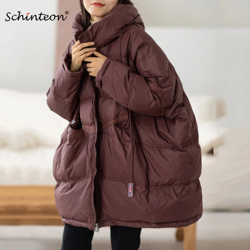 Schinteon Women White Duck Down Jacket Casual Loose Over Size 2022 New Autumn Winter Warm Outwear with Hood Korean Style Coat