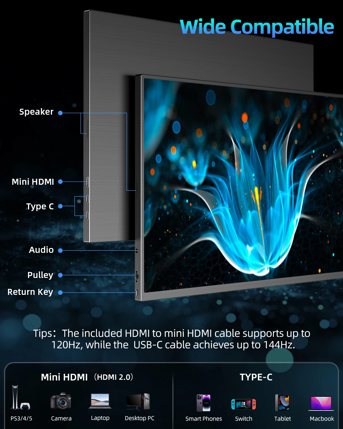 Портативный игровой монитор UPERFECT 2K 144 Гц 18&quot 2560x1600 QHD 100% DCI-P3 FreeSync HDR для ноутбука