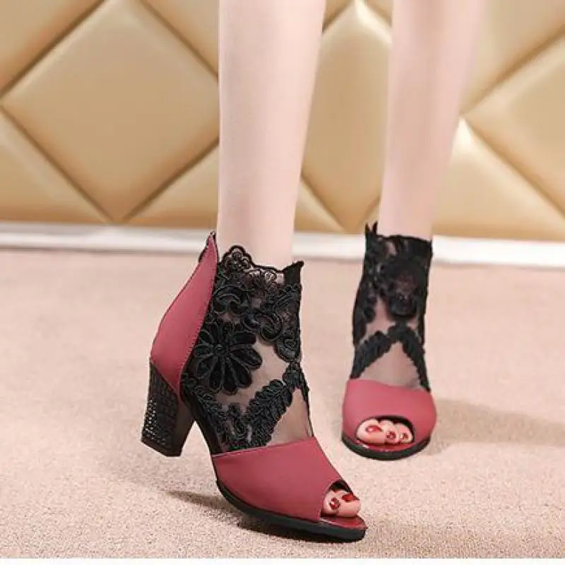 2022 New Ladies Fashion Basic Sandals Boots Sexy Cutout Mesh Lace-up Boots Women's High Heels Party Shoes Tacones Mujer TGHDOF
