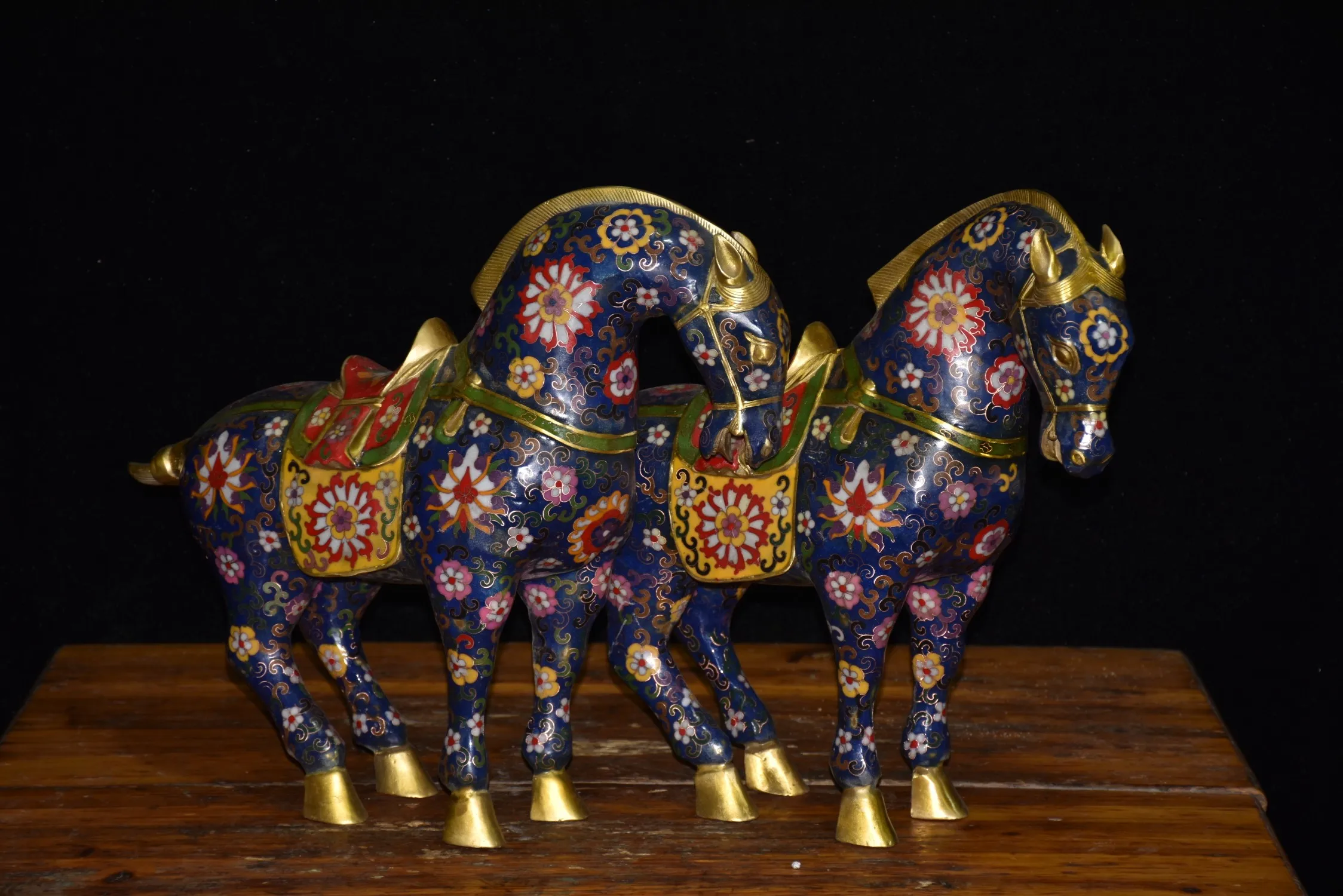

18"Tibetan Temple Collection Old Bronze Cloisonne Enamel Tang Ma Zodiac Horse Amass wealth A pair Town House Exorcism