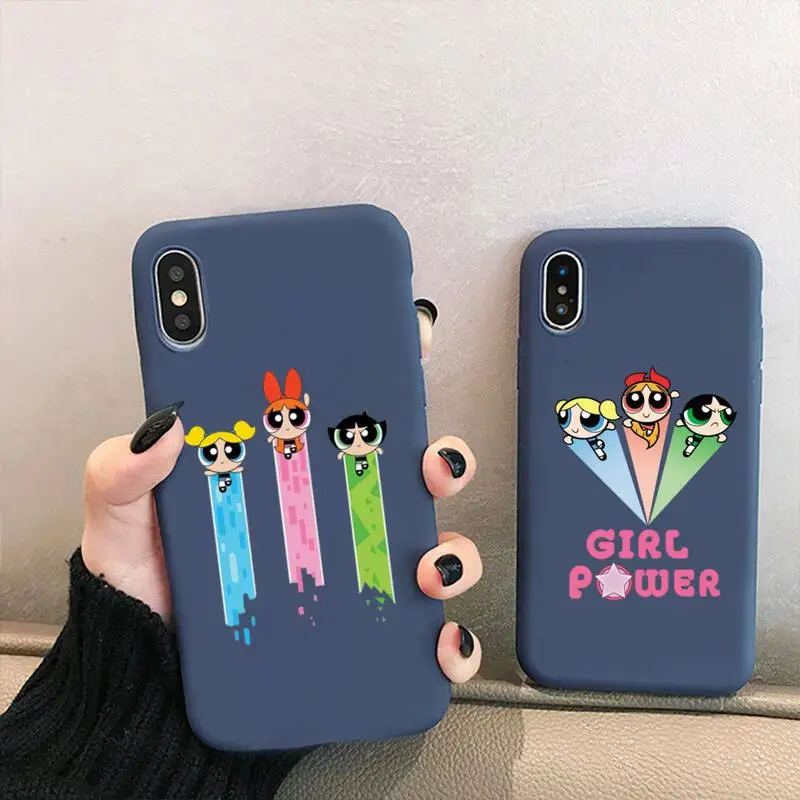 

Cute funny Cartoon Powerpuff Girls Phone Case for iPhone 13 12 mini 11 Pro XS MAX X XR 7 8 6 Plus Candy Color blue Soft Cover