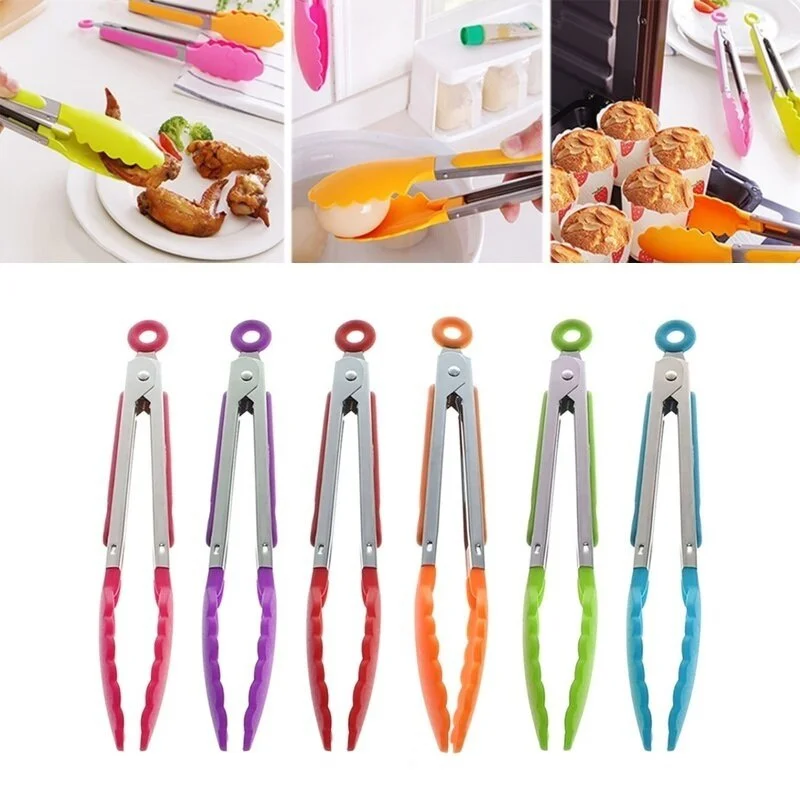 Stainless Steel Kitchen Tongs Silicone Handle BBQ Tong Non-Slip Food Tong Utensil Cooking Clip Clamp Salad Serving Baking Tool