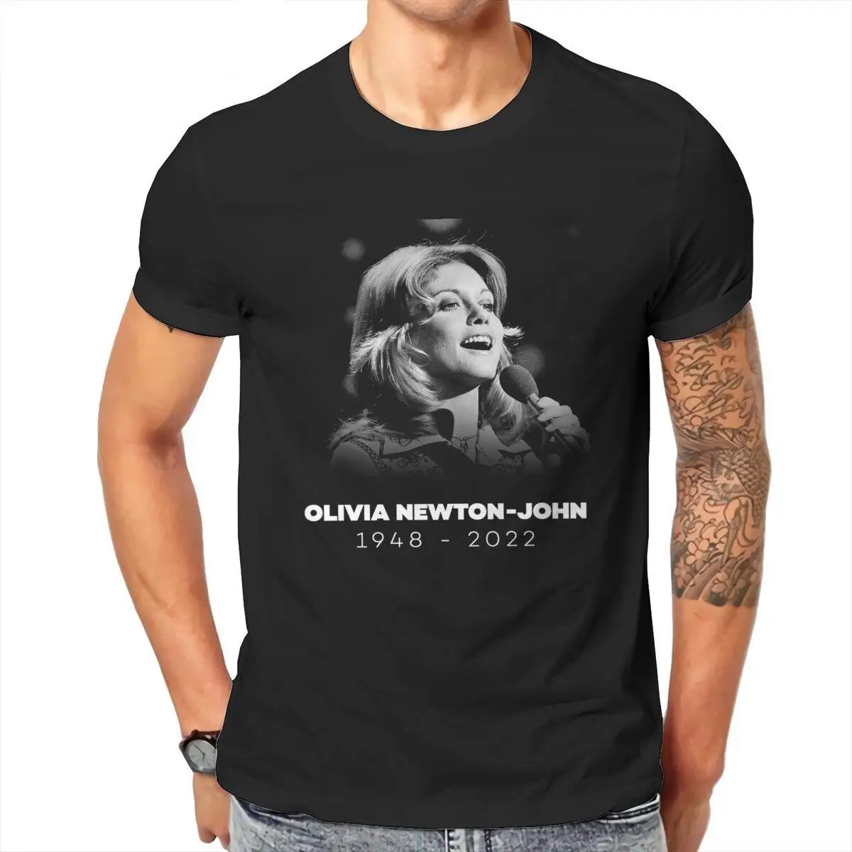 Men Olivia Newton John  T Shirts  Cotton Tops Humor Short Sleeve Round Neck Tees Plus Size T-Shirt