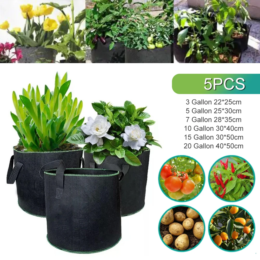 

5 Pcs 3-20 Gallon Grow Bags Felt Plant Grow Pot Potato Tomato Planting Bag Garden Vegetables Plant Bags Fabric Flower Pots