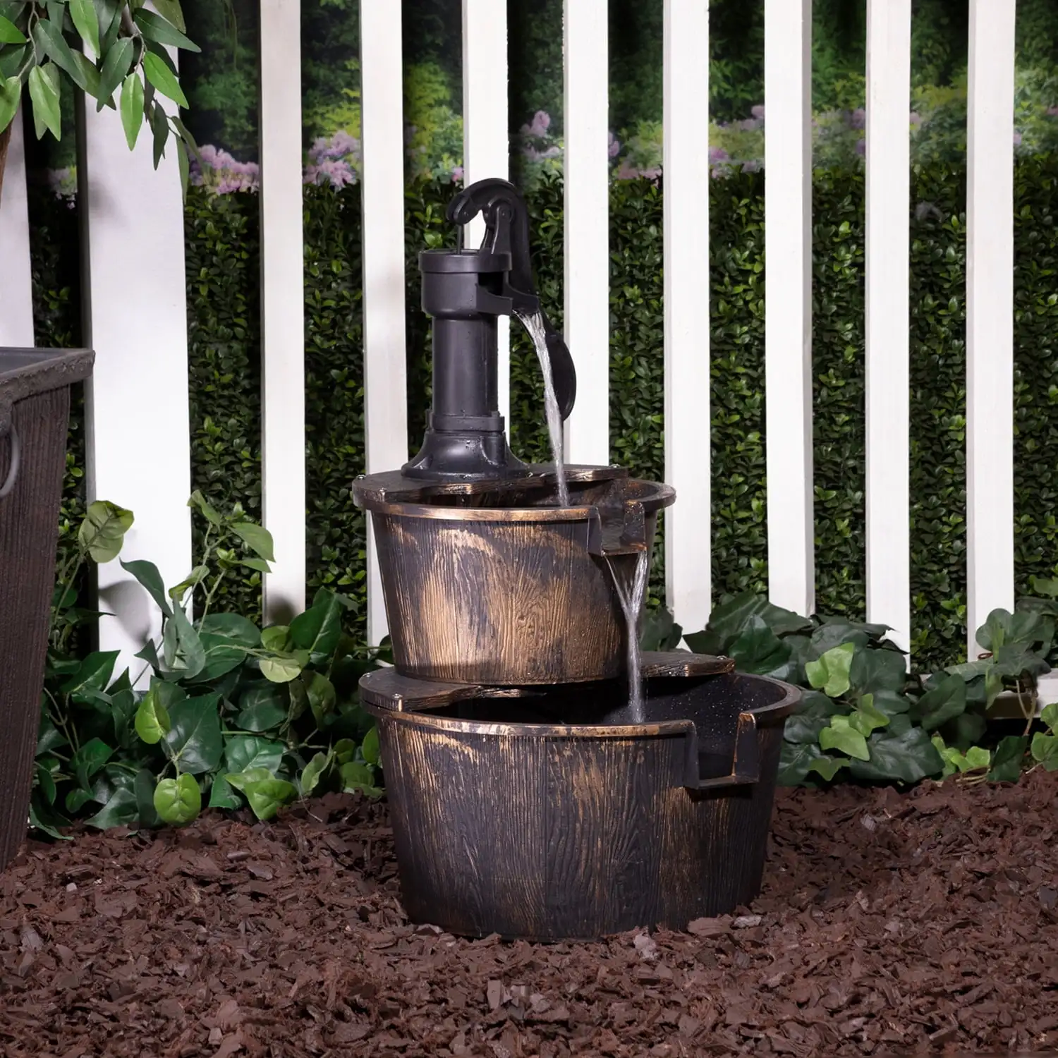 

27" Two-Tier Barrel & Pump Outdoor Fountain, Bronze