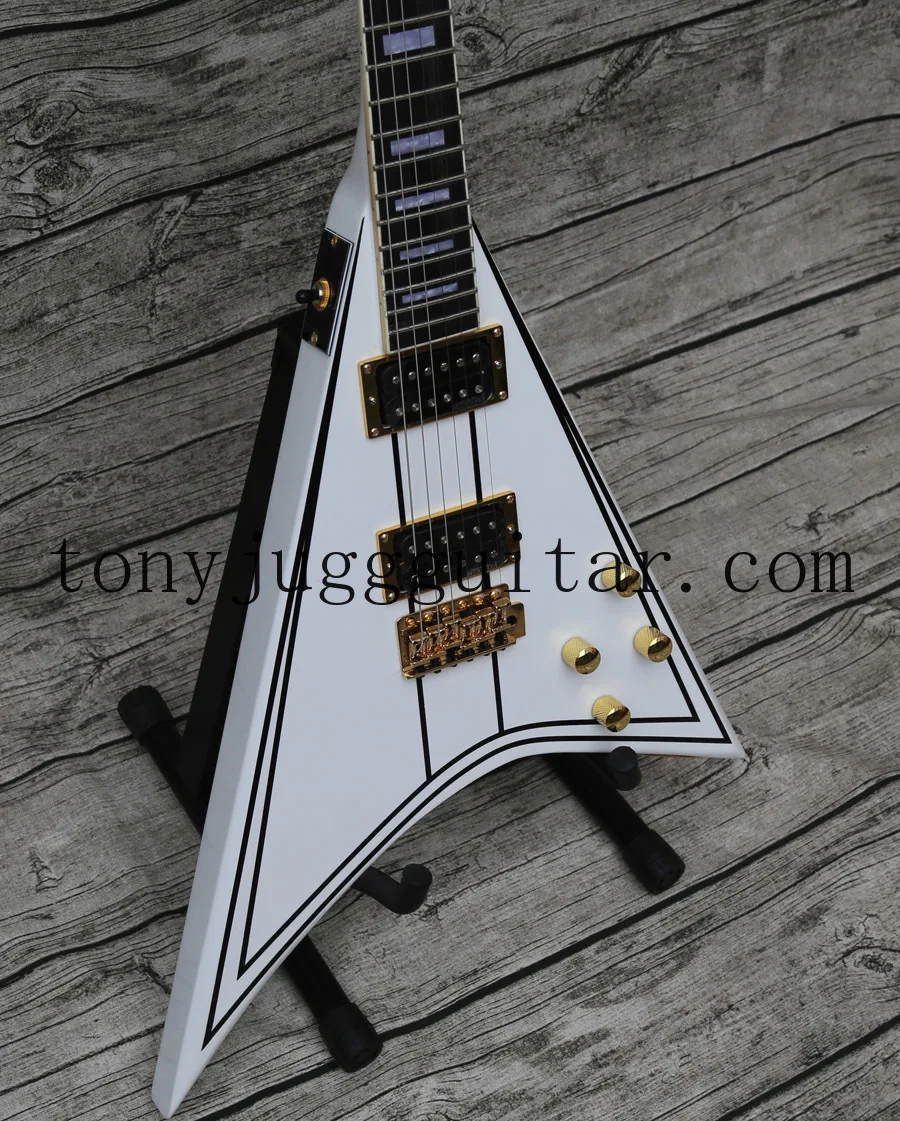 

Rhxflame Rare Exclusive Randy Rhoads RR 1 Black Pinstripe White Fly V Guitar Gold , Block MOP Inlay,Tremolo Tailpiece