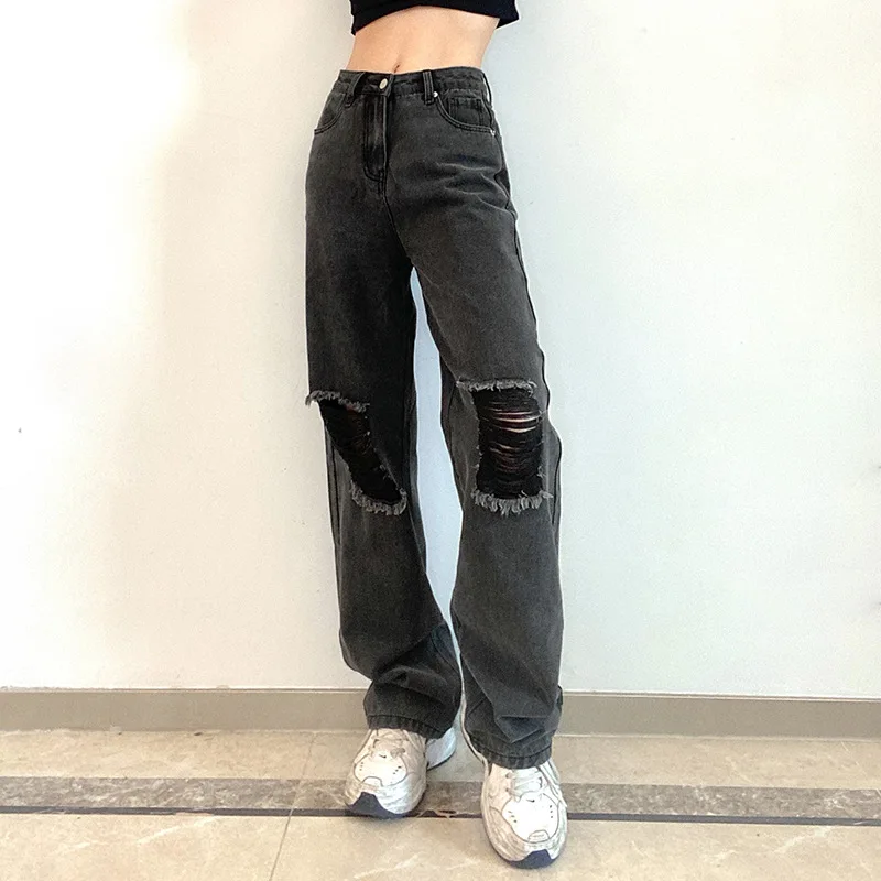 New Women's Jeans High Waist Loose Wide Leg Pants Black Ripped Sexy Jeans Women's Street Hip Hop Over The Knee Straight Trousers