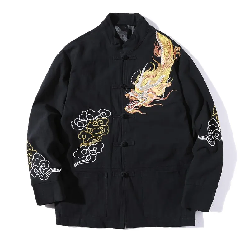 Мужская куртка в китайском стиле с вышивкой дракона Ретро Топы длинным рукавом