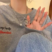lovoacc cool silver color round coin pendant necklace for women double layers queen portrait hollow link chain chokers necklaces