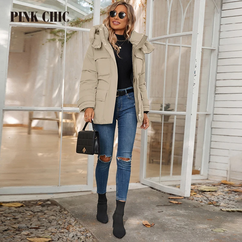 PINK CHIC 2023 Winter Short Coats Women Warm Hooded Padded Female Outwear Solid Slim Casual Down Jacket Women's Parkas 8249