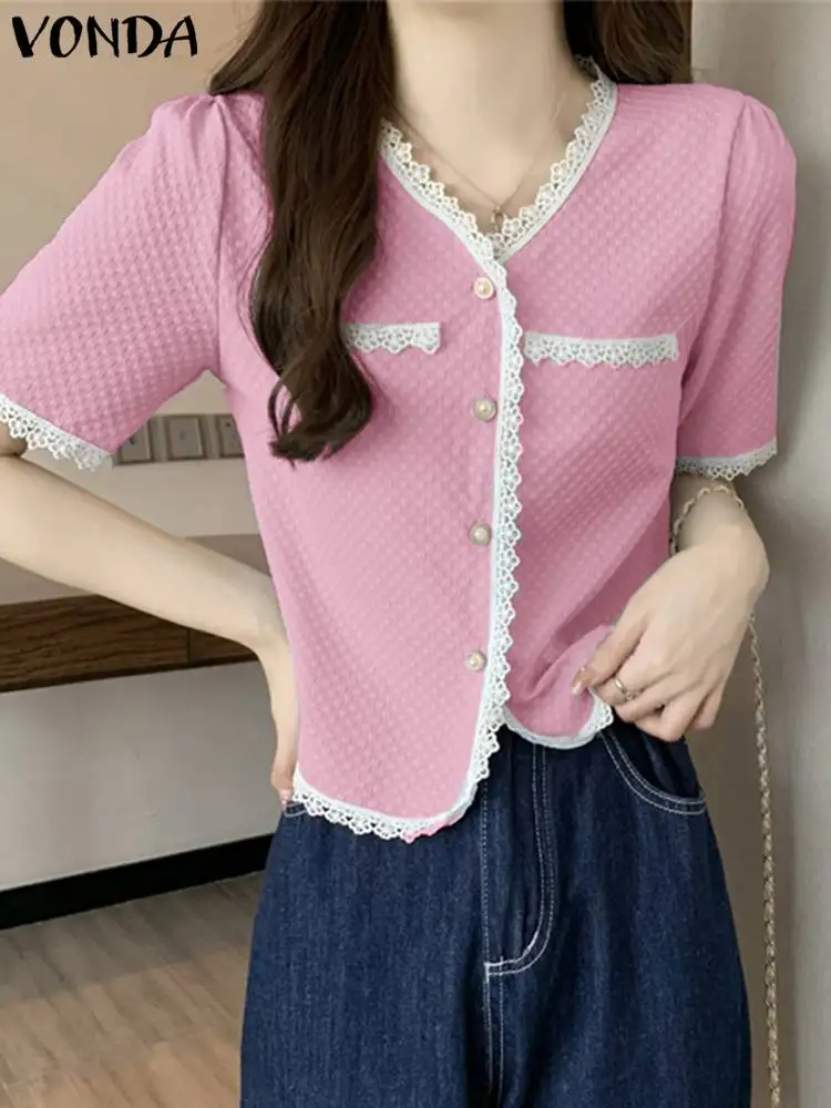

VONDA Elegant Summer Shirts Fashion Women Short Sleeve Tunic Tops 2023 Solid Lace Blouses V-Neck Buttons Office Blusas Femininas