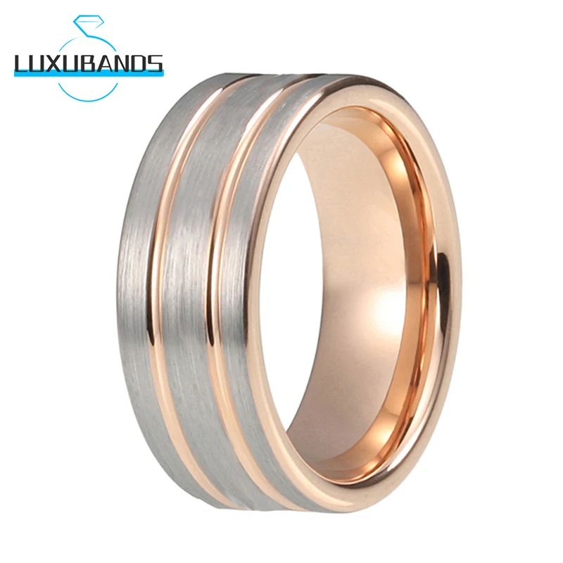

8mm Rose Gold Tungsten Carbide Ring For Women Men Trisection Grooved Flat Engagement Domed Brushed Finish Comfort Fashion Fit