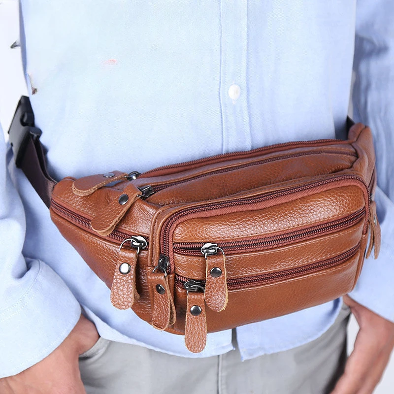 Real Genuine Leather Men's Waist Bag Belt Bag Male Zipper Fanny Pack for Site Workers Travel Phone Bag Large Capacity Waterproof